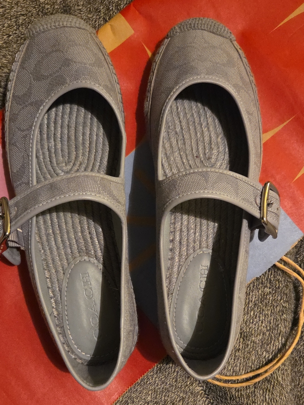 Coach Light Gray Signature Mary Jane Flats with Gold Buckles